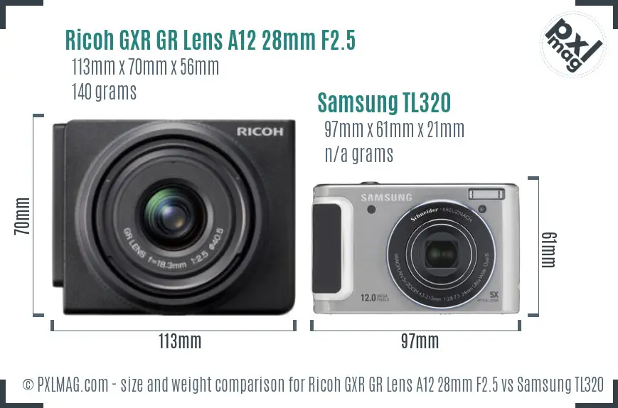 Ricoh GXR GR Lens A12 28mm F2.5 vs Samsung TL320 size comparison