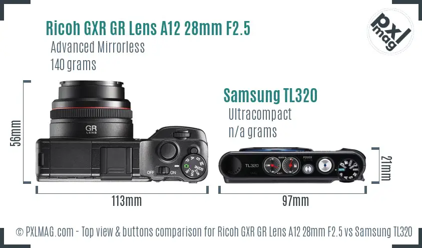 Ricoh GXR GR Lens A12 28mm F2.5 vs Samsung TL320 top view buttons comparison