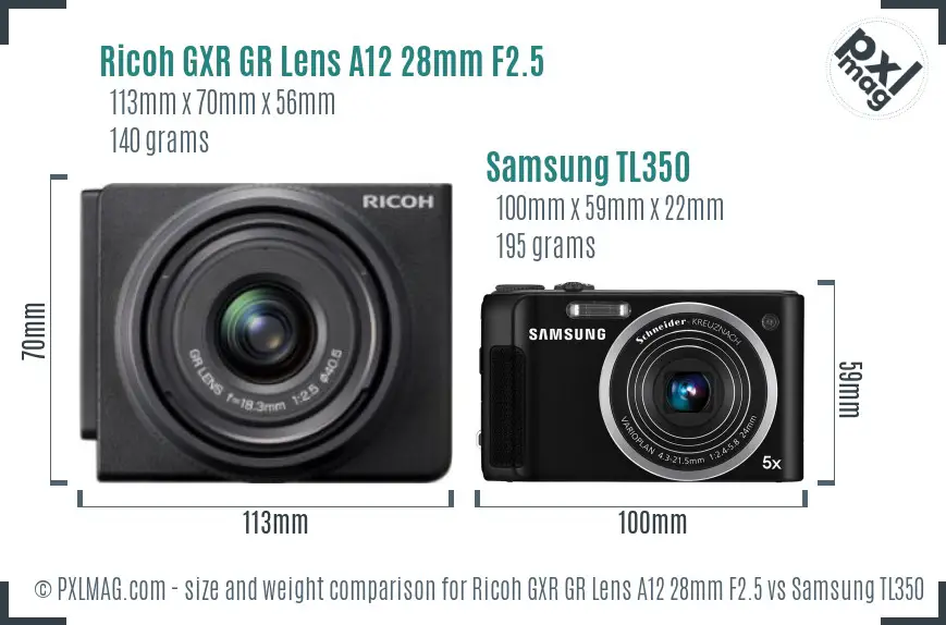 Ricoh GXR GR Lens A12 28mm F2.5 vs Samsung TL350 size comparison