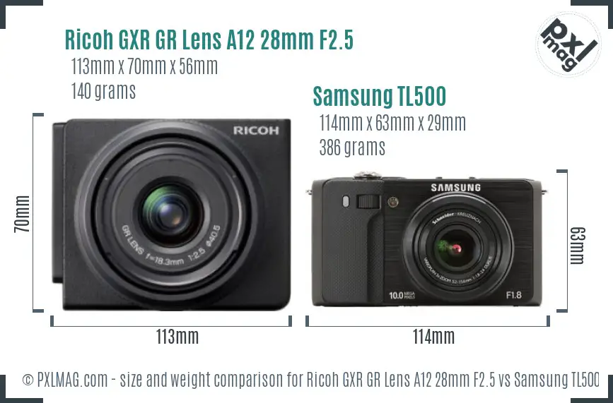 Ricoh GXR GR Lens A12 28mm F2.5 vs Samsung TL500 size comparison