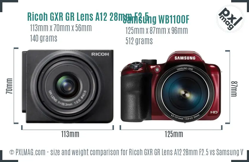 Ricoh GXR GR Lens A12 28mm F2.5 vs Samsung WB1100F size comparison