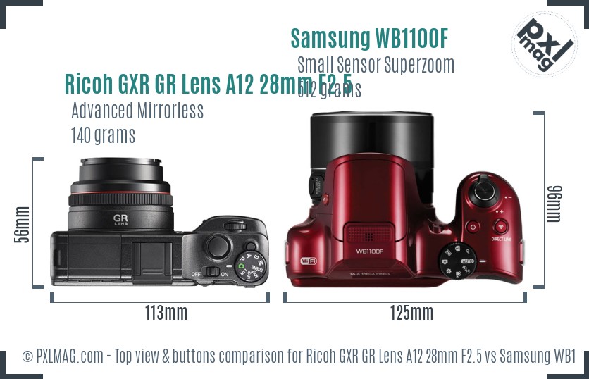Ricoh GXR GR Lens A12 28mm F2.5 vs Samsung WB1100F top view buttons comparison