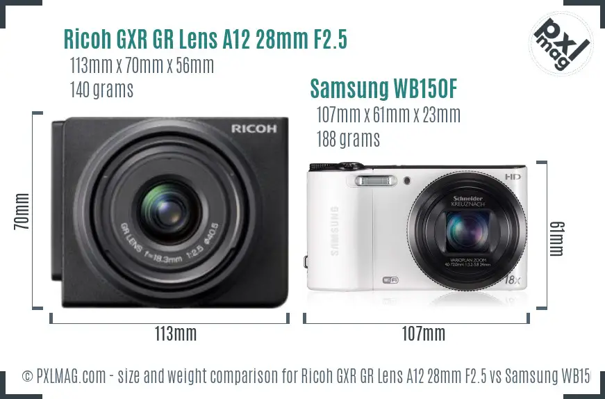 Ricoh GXR GR Lens A12 28mm F2.5 vs Samsung WB150F size comparison