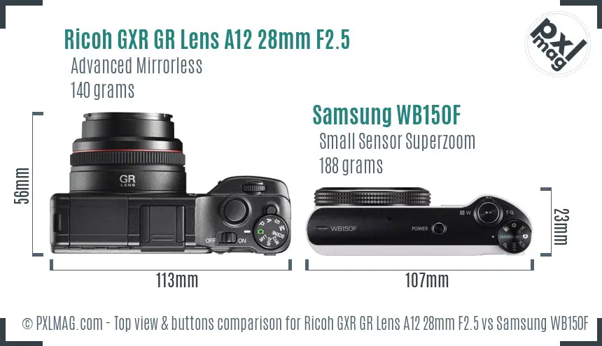 Ricoh GXR GR Lens A12 28mm F2.5 vs Samsung WB150F top view buttons comparison