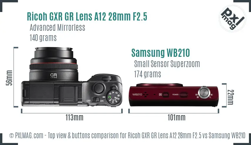 Ricoh GXR GR Lens A12 28mm F2.5 vs Samsung WB210 top view buttons comparison