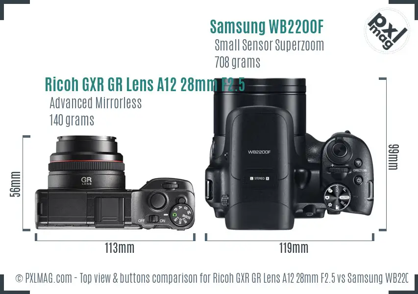 Ricoh GXR GR Lens A12 28mm F2.5 vs Samsung WB2200F top view buttons comparison