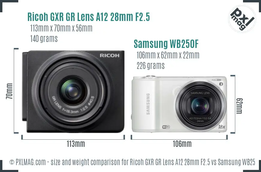 Ricoh GXR GR Lens A12 28mm F2.5 vs Samsung WB250F size comparison