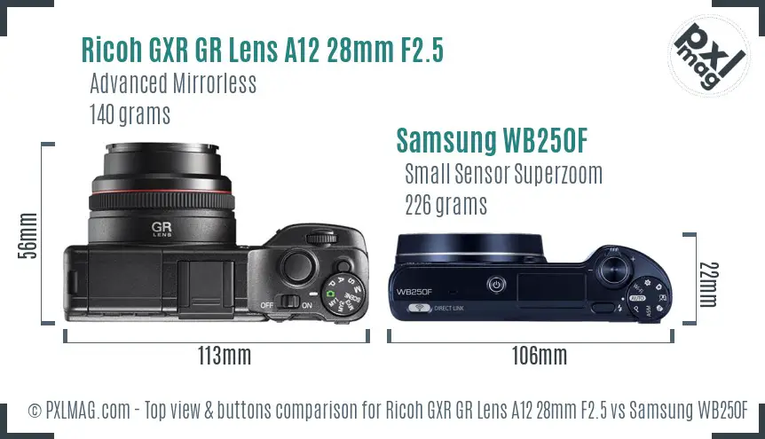 Ricoh GXR GR Lens A12 28mm F2.5 vs Samsung WB250F top view buttons comparison
