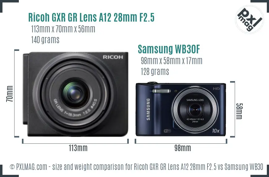 Ricoh GXR GR Lens A12 28mm F2.5 vs Samsung WB30F size comparison