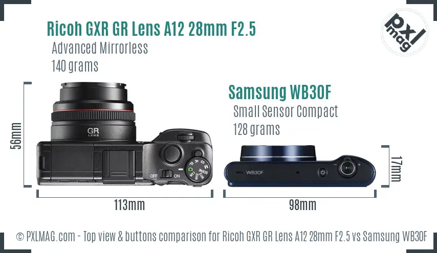 Ricoh GXR GR Lens A12 28mm F2.5 vs Samsung WB30F top view buttons comparison