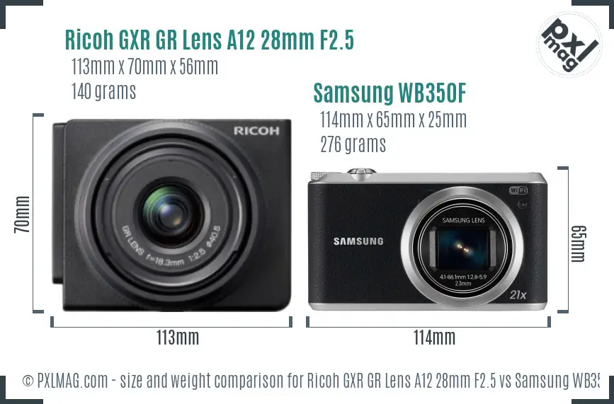 Ricoh GXR GR Lens A12 28mm F2.5 vs Samsung WB350F size comparison