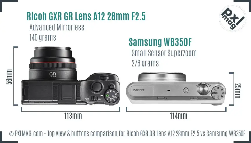 Ricoh GXR GR Lens A12 28mm F2.5 vs Samsung WB350F top view buttons comparison