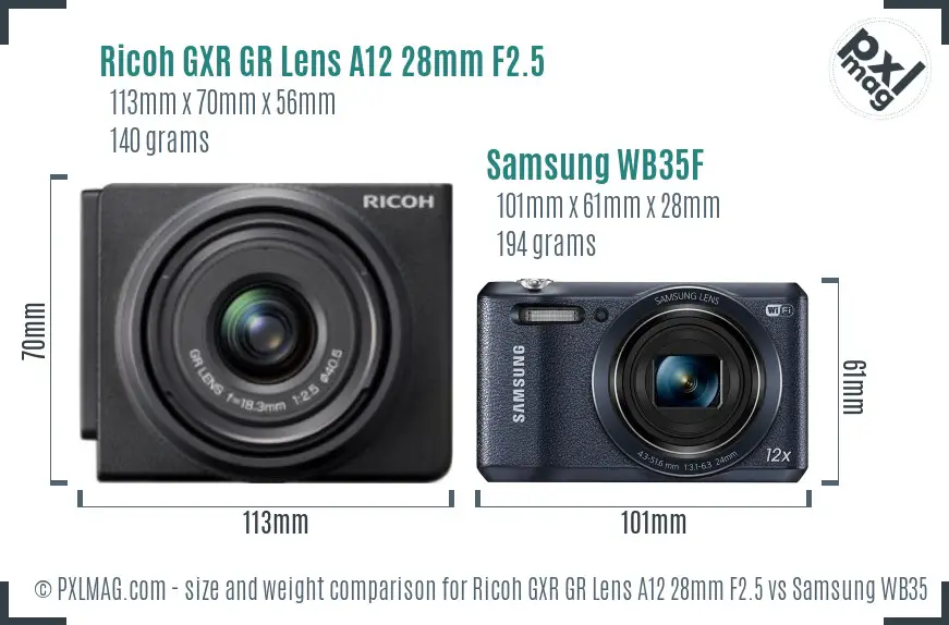 Ricoh GXR GR Lens A12 28mm F2.5 vs Samsung WB35F size comparison
