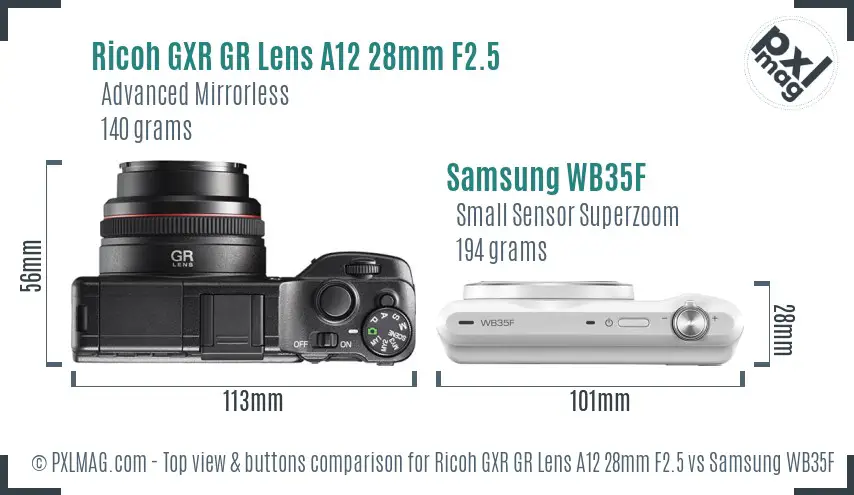 Ricoh GXR GR Lens A12 28mm F2.5 vs Samsung WB35F top view buttons comparison