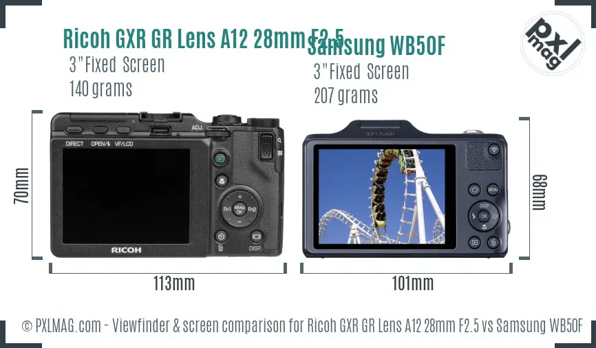Ricoh GXR GR Lens A12 28mm F2.5 vs Samsung WB50F Screen and Viewfinder comparison