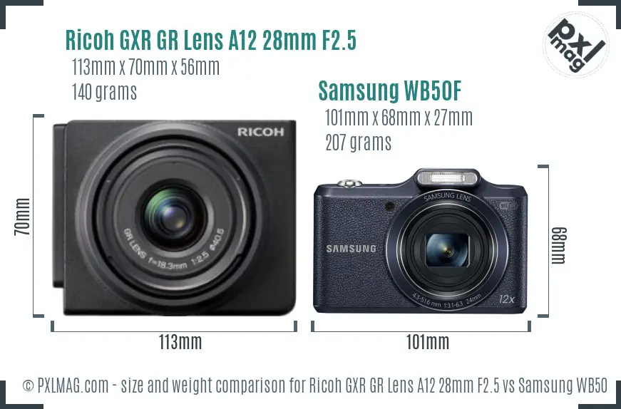 Ricoh GXR GR Lens A12 28mm F2.5 vs Samsung WB50F size comparison