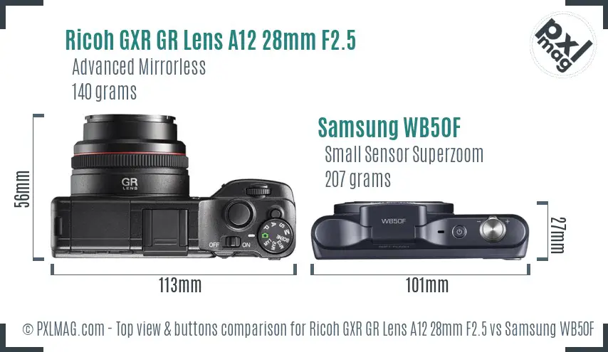 Ricoh GXR GR Lens A12 28mm F2.5 vs Samsung WB50F top view buttons comparison
