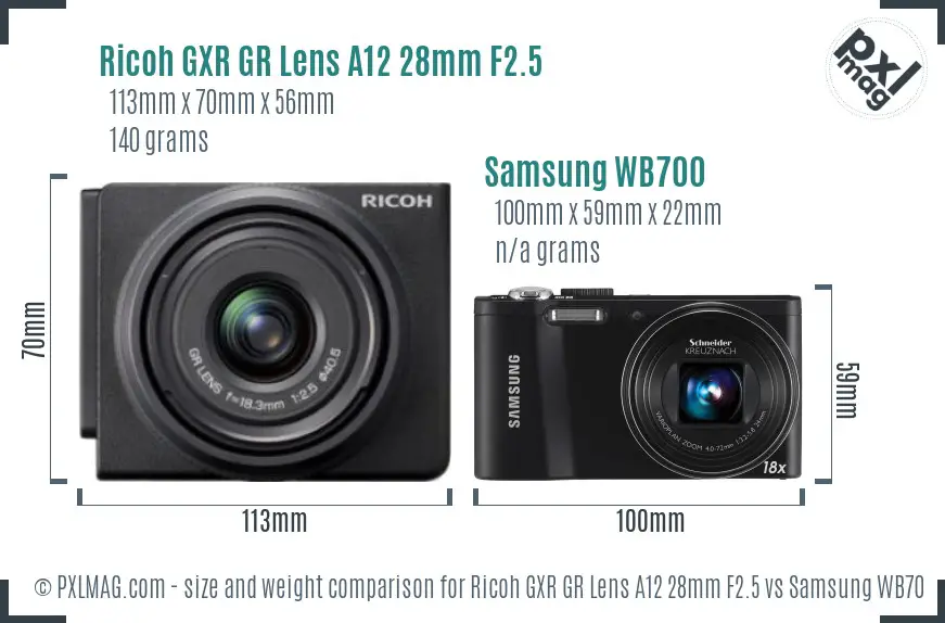 Ricoh GXR GR Lens A12 28mm F2.5 vs Samsung WB700 size comparison
