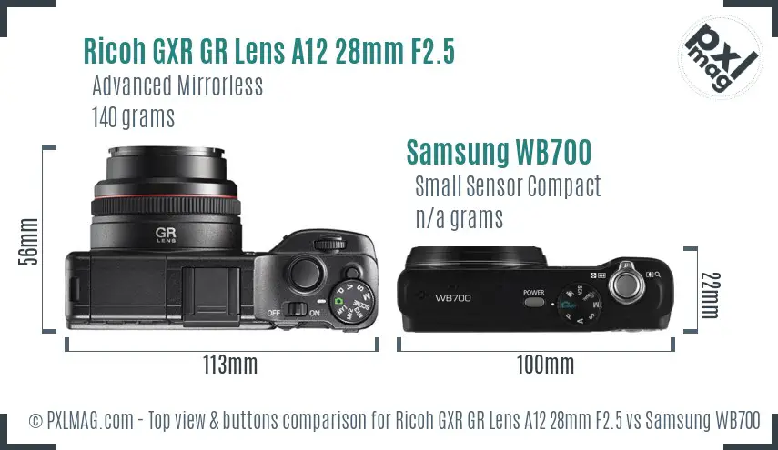 Ricoh GXR GR Lens A12 28mm F2.5 vs Samsung WB700 top view buttons comparison