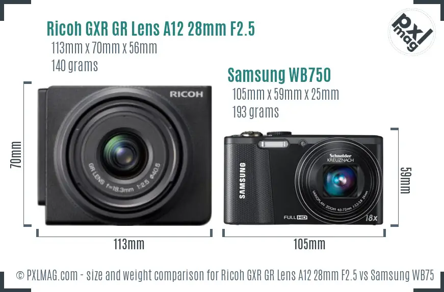 Ricoh GXR GR Lens A12 28mm F2.5 vs Samsung WB750 size comparison