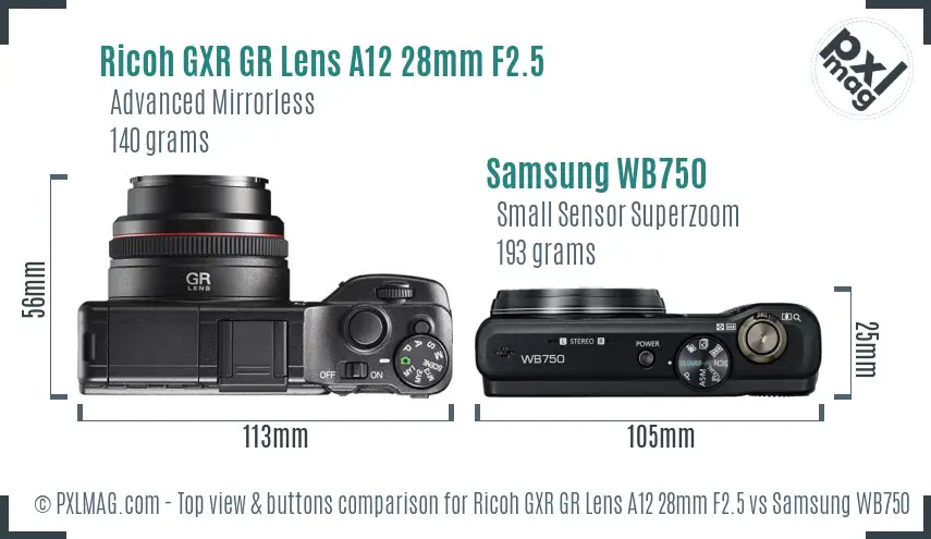 Ricoh GXR GR Lens A12 28mm F2.5 vs Samsung WB750 top view buttons comparison