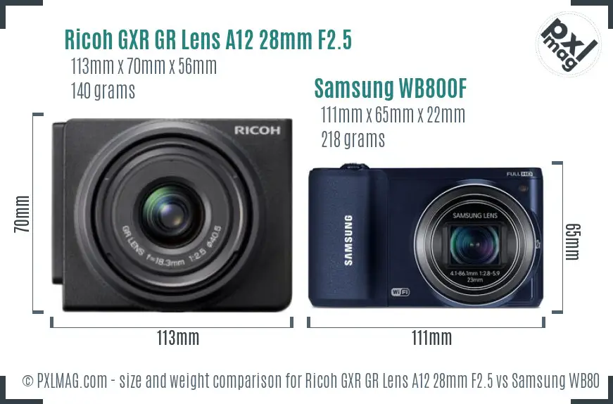 Ricoh GXR GR Lens A12 28mm F2.5 vs Samsung WB800F size comparison