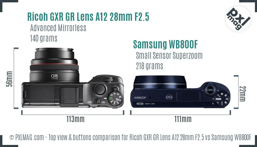 Ricoh GXR GR Lens A12 28mm F2.5 vs Samsung WB800F top view buttons comparison