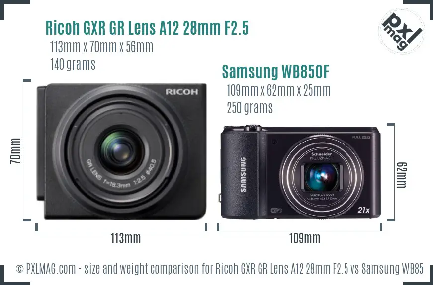Ricoh GXR GR Lens A12 28mm F2.5 vs Samsung WB850F size comparison