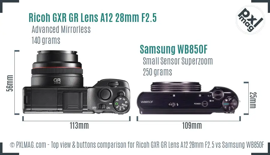 Ricoh GXR GR Lens A12 28mm F2.5 vs Samsung WB850F top view buttons comparison