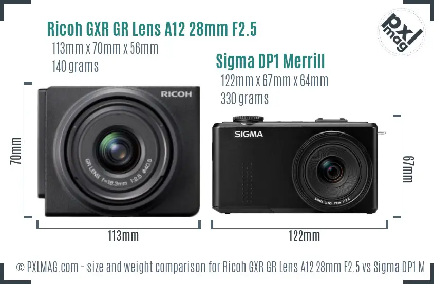 Ricoh GXR GR Lens A12 28mm F2.5 vs Sigma DP1 Merrill size comparison