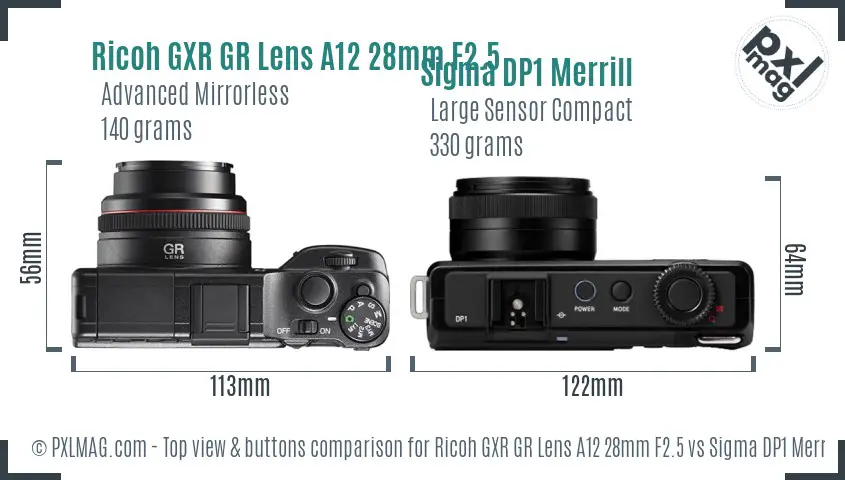 Ricoh GXR GR Lens A12 28mm F2.5 vs Sigma DP1 Merrill top view buttons comparison