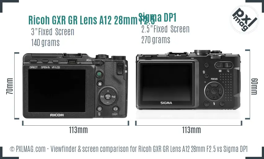 Ricoh GXR GR Lens A12 28mm F2.5 vs Sigma DP1 Screen and Viewfinder comparison