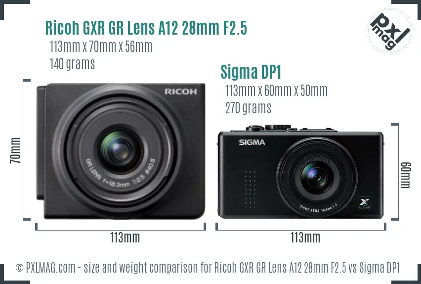 Ricoh GXR GR Lens A12 28mm F2.5 vs Sigma DP1 size comparison