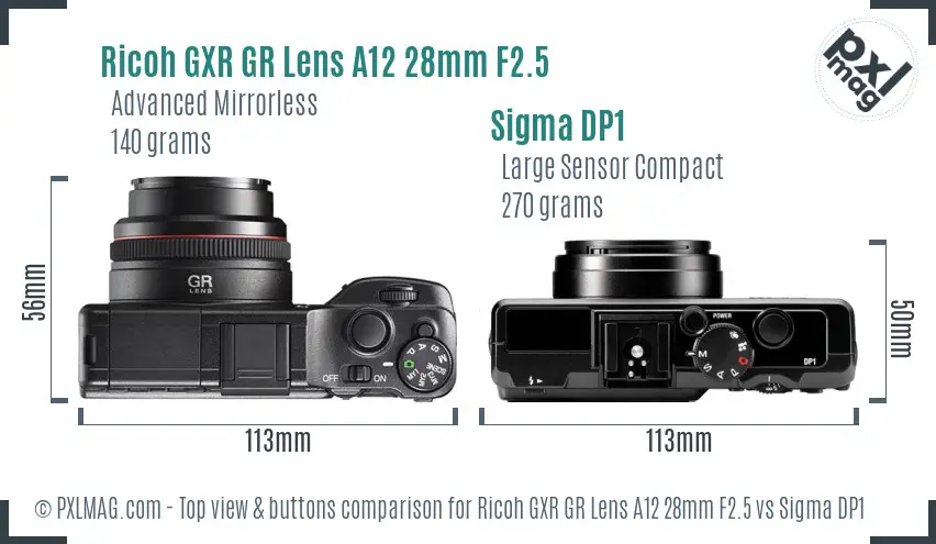 Ricoh GXR GR Lens A12 28mm F2.5 vs Sigma DP1 top view buttons comparison