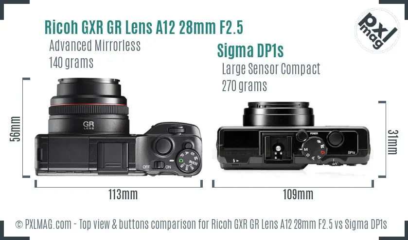 Ricoh GXR GR Lens A12 28mm F2.5 vs Sigma DP1s top view buttons comparison
