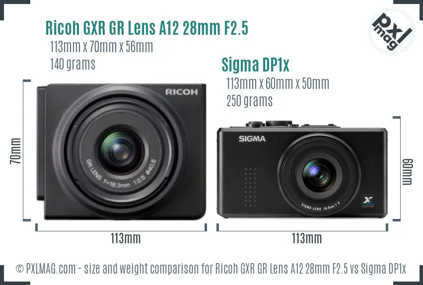 Ricoh GXR GR Lens A12 28mm F2.5 vs Sigma DP1x size comparison