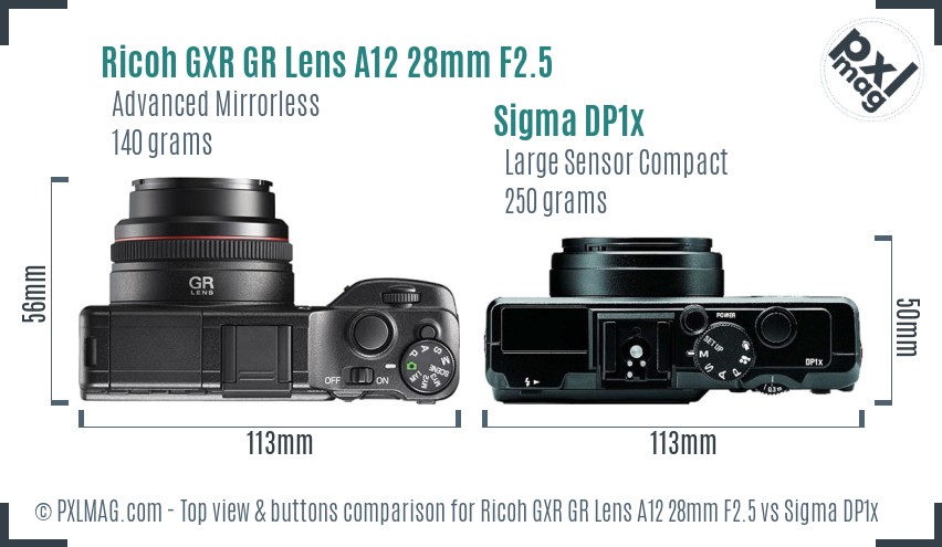 Ricoh GXR GR Lens A12 28mm F2.5 vs Sigma DP1x top view buttons comparison