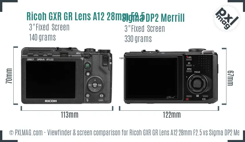 Ricoh GXR GR Lens A12 28mm F2.5 vs Sigma DP2 Merrill Screen and Viewfinder comparison