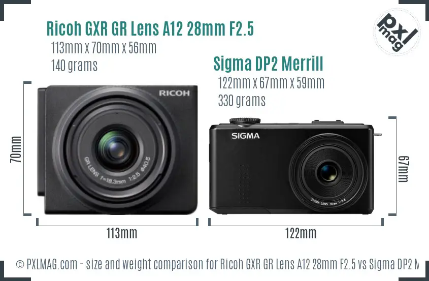 Ricoh GXR GR Lens A12 28mm F2.5 vs Sigma DP2 Merrill size comparison