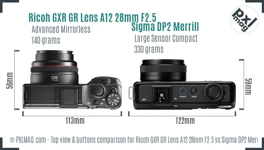 Ricoh GXR GR Lens A12 28mm F2.5 vs Sigma DP2 Merrill top view buttons comparison