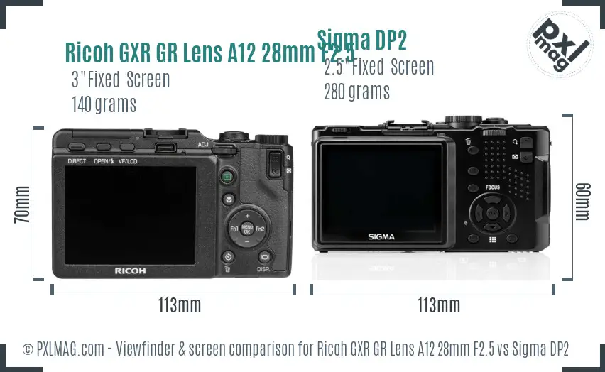 Ricoh GXR GR Lens A12 28mm F2.5 vs Sigma DP2 Screen and Viewfinder comparison