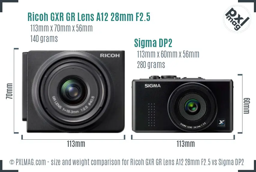 Ricoh GXR GR Lens A12 28mm F2.5 vs Sigma DP2 size comparison