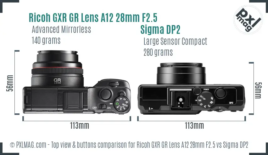 Ricoh GXR GR Lens A12 28mm F2.5 vs Sigma DP2 top view buttons comparison