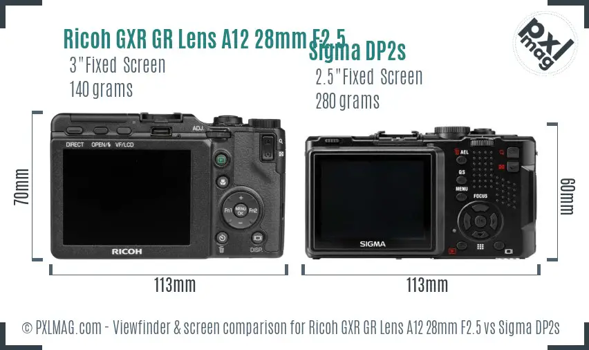 Ricoh GXR GR Lens A12 28mm F2.5 vs Sigma DP2s Screen and Viewfinder comparison