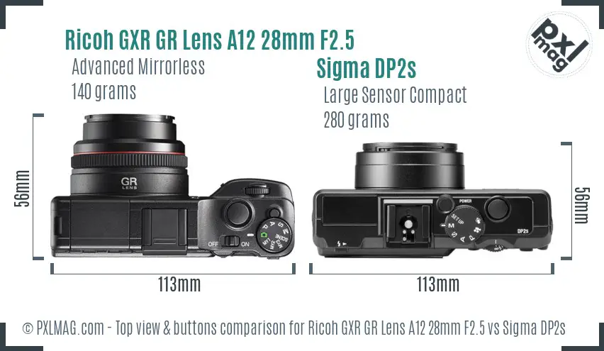 Ricoh GXR GR Lens A12 28mm F2.5 vs Sigma DP2s top view buttons comparison