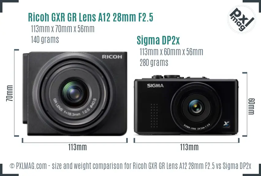 Ricoh GXR GR Lens A12 28mm F2.5 vs Sigma DP2x size comparison