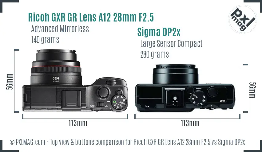 Ricoh GXR GR Lens A12 28mm F2.5 vs Sigma DP2x top view buttons comparison