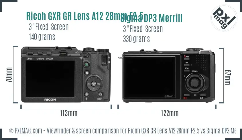 Ricoh GXR GR Lens A12 28mm F2.5 vs Sigma DP3 Merrill Screen and Viewfinder comparison
