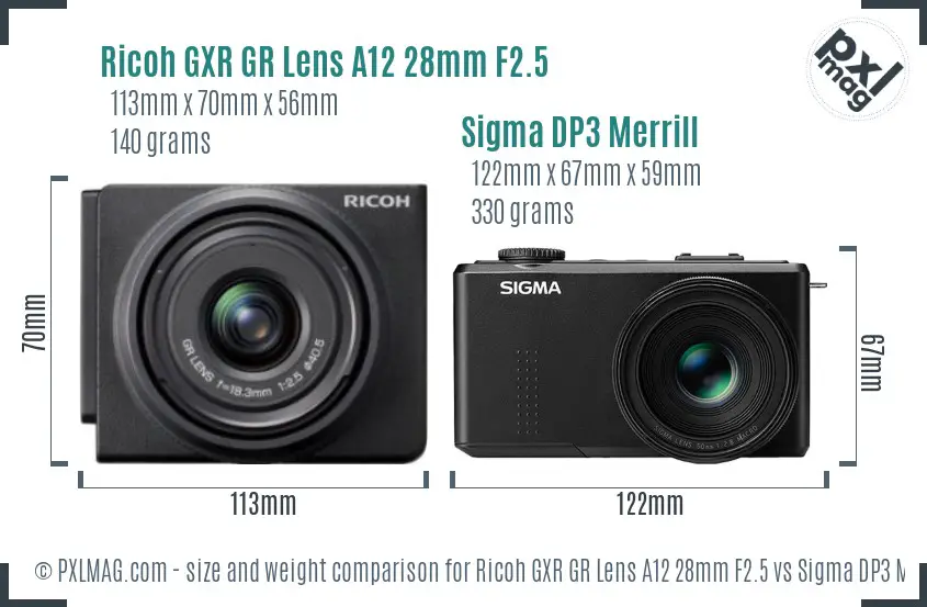 Ricoh GXR GR Lens A12 28mm F2.5 vs Sigma DP3 Merrill size comparison