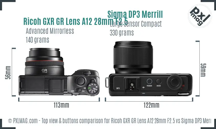 Ricoh GXR GR Lens A12 28mm F2.5 vs Sigma DP3 Merrill top view buttons comparison